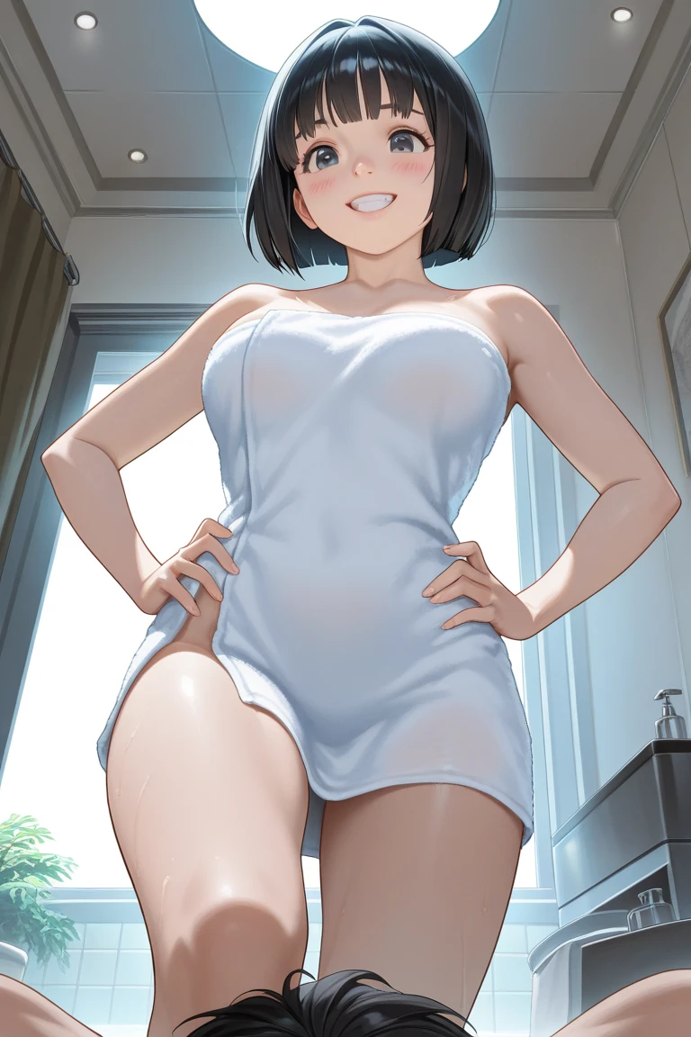 、(masterpiece、Highest quality)、Highest quality, Ultra-high resolution, (((masterpiece))), alone, Sweat、Big eyes, Composition from the front、Shortcuts、Embarrassed face、Bronze colored hair、Cut the back hair short、Bathroom、Shower scene、 Expose、Completely naked、pubic hair、belly button、Large areola、Nipples、short hair