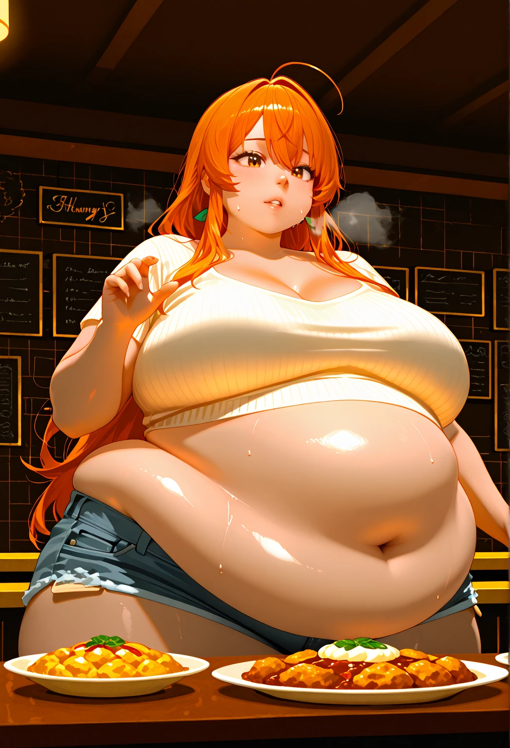 Le personnage Makima de la série animée Chainsaw Man, fragile, obésité morbide, ssbbw, pleine longueur (corps entier 1.1.), fond sombre, obscurité, anatomie correcte 1.1, anatomie correcte de la main, Très féminin, corps gras et rond, grosses Jambes, fesses, beau corps obèse, ventre rond et mou très gras, cheveux roux, Yeux oranges, Cercles rouges pour les écoliers, chemise blanche, jupe noire, cravate noire, pose sexy, réaliste, very détaillé, beau corps, détaillé body, détaillé hands, détaillé, vibrant, détaillé Face, Conception des personnages de Makima. very détaillé, détaillé body, détaillé hands, détaillé Face, Art animé, Hugh Détails, Visage très abattu, détaillé eyes, Illustration ultra fine, Meilleure ombre, détail fin, beautiful détaillé glow, beautiful détaillé, Extraordinairement beau, extremely détaillé, inexpressif, composition épique, Style animé. art animé, Style animé. Jupe noire, chemise blanche, cravatte, pose sexy. Double menton, visage très gras, grosses joues, joues potelées