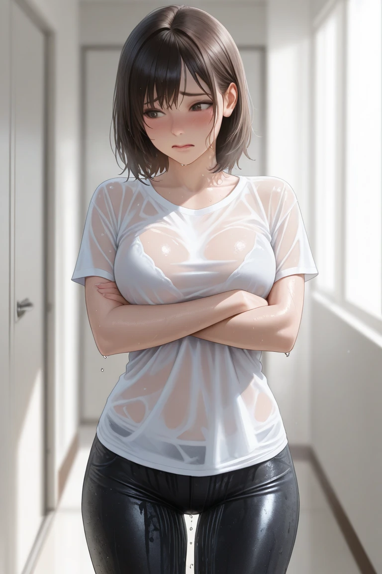 1girl, solo, white polo shirt, white sneakers, tennis wear, white miniskirt, masterpiece, best quality, realistic, hyper-detailed, (shiny skin, sweaty:1.4), absurd, looking at viewer, short black hair, brown eyes, slender, dynamic lighting, high resolution, sharp focus, depth of field, detailed eyes, sharp pupils, realistic pupils, (small breasts:1.6), (thick thighs:1.0), outdoor, sky