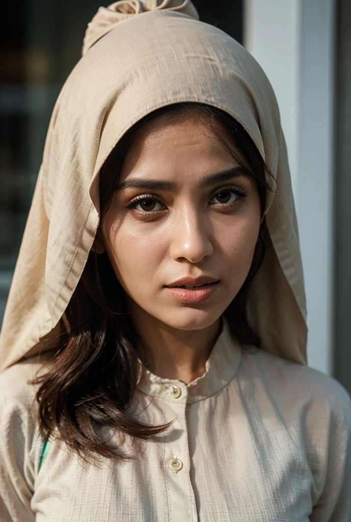very high resolution, realistic Palestinian women, pink shirt, white teethes, cute smile, long brown hair, realistic facial details, modest, white skin
