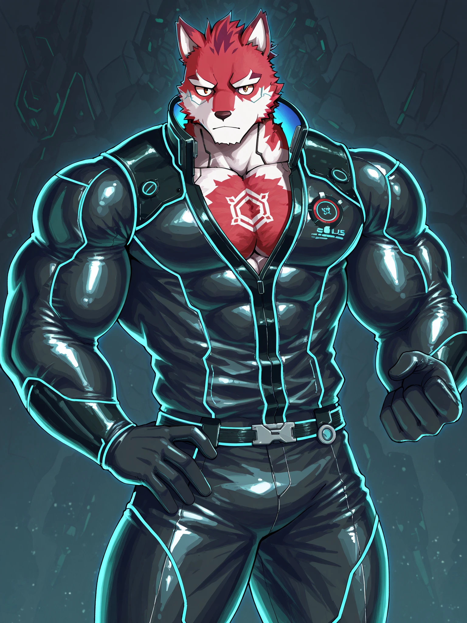 (score_9, score_8_up, score_7_up, score_6_up) BREAK (furry, source furry, uploaded on e621) BREAK robot, android, android skin, barcode tattoo, barcode tattoo on the body, (broken neck:1.2, damaged belly:1.2, cracked arms:1.2), cracked chest, solo, male, young, nude, athletic, thin waist, white arctic fox, white fur, short messy dark blue hair, cute young face, talking, black mouth, canine teeth, glowing red robotic eyes, hard nipples, black speedo, belt, holster, mechanical components, blue mechanical parts, gun, handgun, holding handgun, hand holding handgun, fight, fighting, fighting in the laboratory, futuristic laboratory, futuristic laboratory background, angry expression, looking away, BREAK good quality, best quality, high quality, high definition, hd, 4k, 8k, masterpiece, good proportion, perfect proportion, good anatomy, perfect anatomy