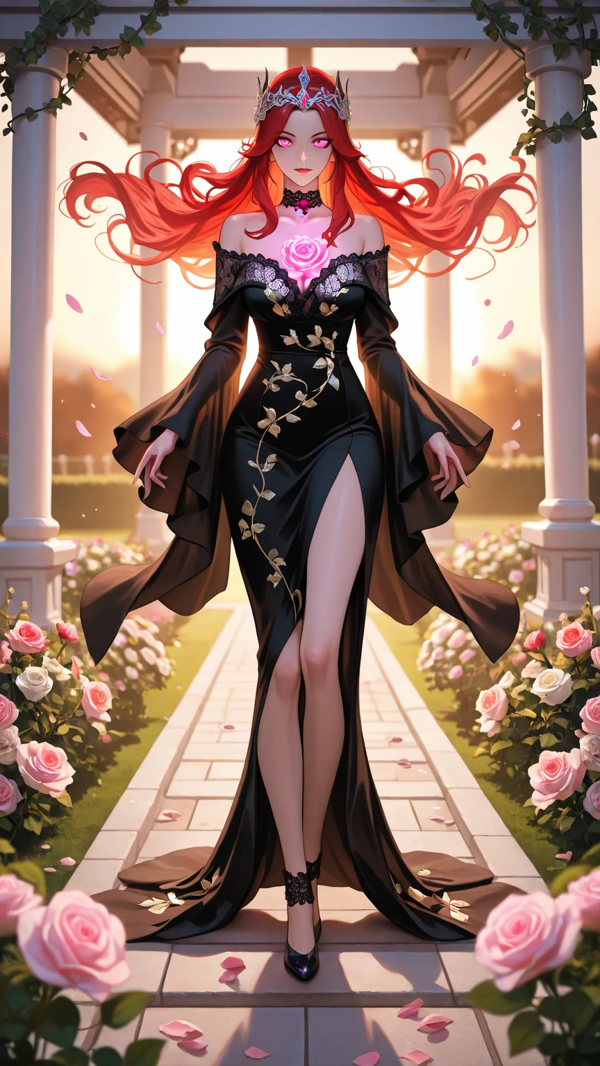 FULL BODY OF PORTRAIT, GORGEOUS WOMAN, ELEGANT, PRETTY FACE, SUPER DETAILED, BIG EYES, WITH ROSES, NEON LIGHTS, GLARE, GAUDY, DREAMY COSTUME, FANTASY, DIGITAL ART BY GREG RUTKOWSKI, WLOP, --auto --s2