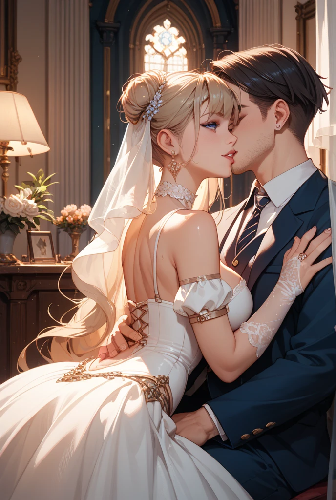 Kirito and Asuna blush black Wedding dress two people standing in the wedding hall kiss each other Super huge big breasts breast enlargement