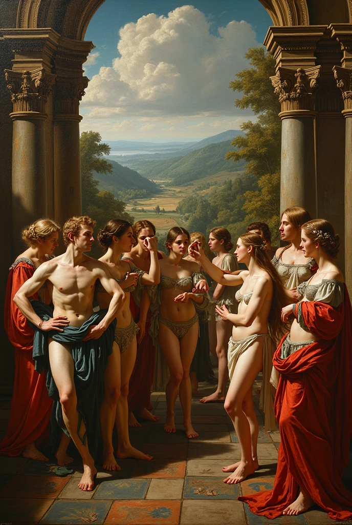 oil painting, masterpiece, full body, oil Painting, oil on canvas, theseus and alexander🌈 , ((two naked men in love kissing)) ❤️‍🔥 who turn into water around a fire storm, ((style by John william waterhouse and Daniel Gerhartz)), male greek gods👑 🌈shirtless, underwear, full body shot, classic painting, neoclassic style, regency era, perfect composition, canvas texture, regency style, perfect composition, canvas texture, landscape background