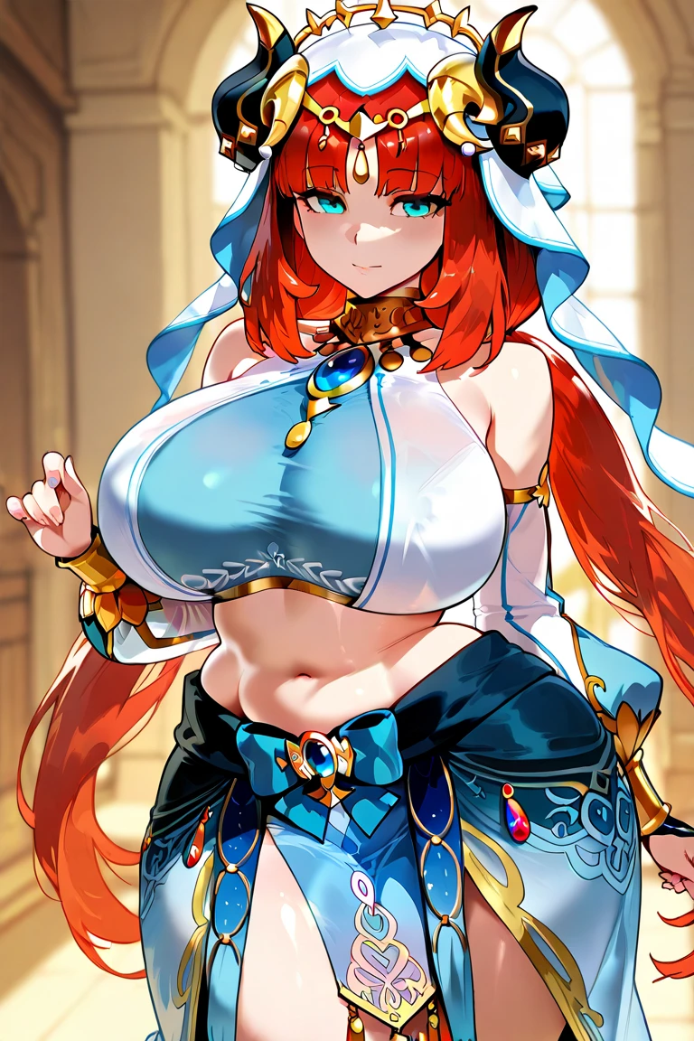 nilou(Genshin Impact),Solid red premium manga background，Expose abs，Slim figure，cropped shoulders，huge tit，White dress at the bottom，Mesh garment，Fleshy thighs，Below the waist are mesh stockings，Masterpiece，hyper-detailed face，Deep rendering