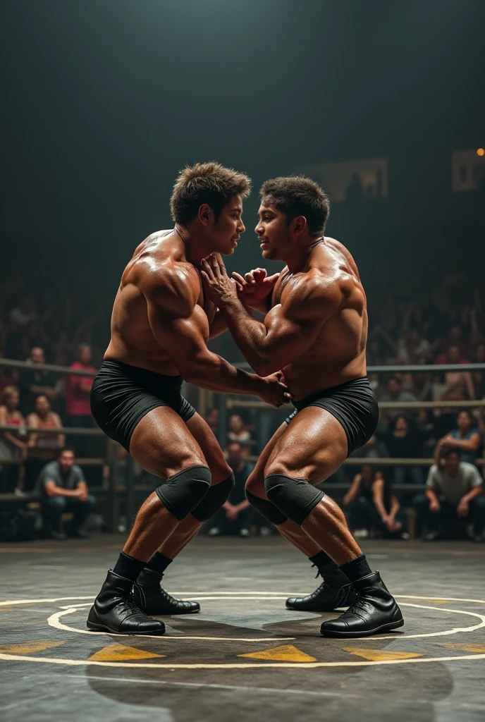 A young Japanese professional wrestler A and a senior Japanese professional wrestler B are in the ring.。They are on the same team。
A is buzzcut and muscular、Wearing short tights。Sweaty。
B is short-haired, muscular, and dark-skinned、Wearing short tights。
A and B put one knee on the ring and raise their arms to the front　Get into the double biceps position。
Fujifilm, look up, 