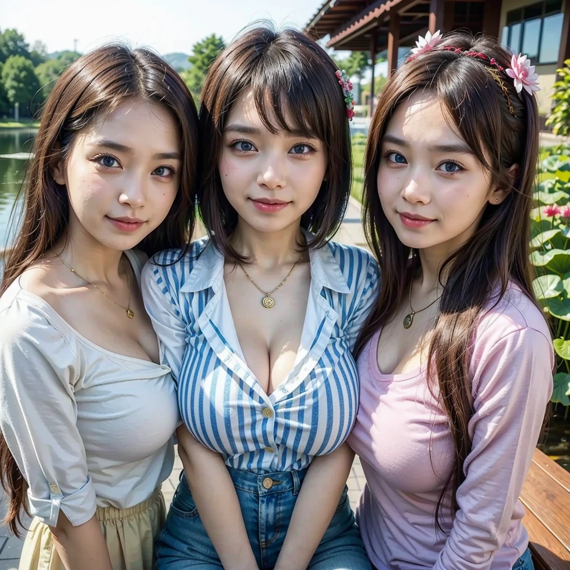 ( 3 girls)naked ,smile、Look into the camera、Diamond necklace、braided hair( naked The chest is erect.ๆ เปลือยอก หัวนม (((round chestๆ))) The material is smooth and flexible.、exposed upper arms、 Extra long twin tail hair、close range shooting、Flower Hair Ornaments、Blindfold、 Masterpiece, Highest quality, 8ก, beautiful girl, young face、 photography, Cute face, thigh,Live in the grass、รอยsmile、small waist, blue eyes(((The chest is erect.)))(((round chest)))(((big breasts:1.2))) Wear a jeans skirt.( naked The chest is erect.ๆ เปลือยอก หัวนม (((round chestๆ)))