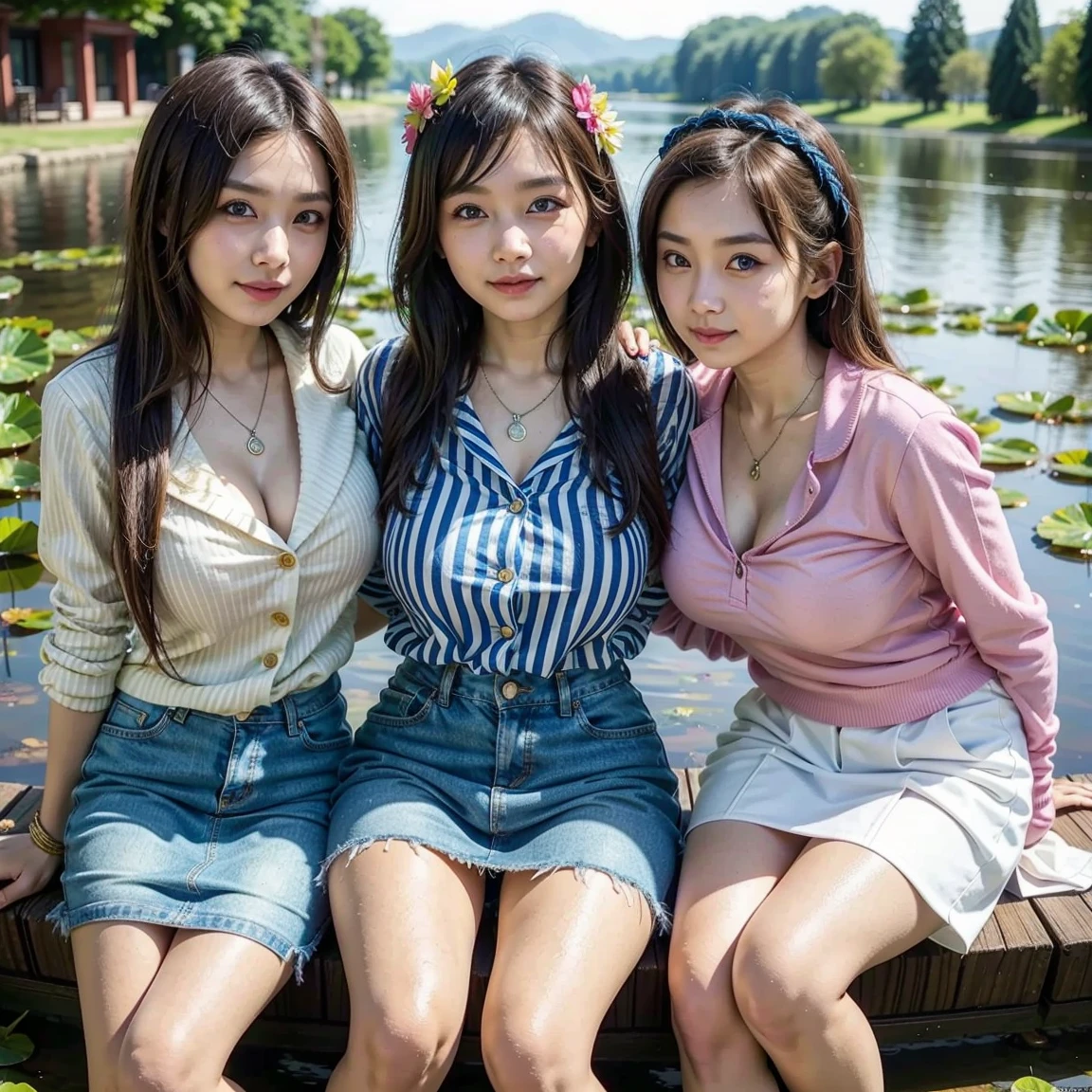 Highest quality、High resolution、Detailed Background、(Beautiful face in every detail:1.4)、Anatomically correct、(Detailed facial expressions)、(Fine grain:1.2)、(Fine grain:1.2)、Teenage Beauty、(Highly detailed face:1.4)、Cute hair colors、ponytail、Bobcut、Cute hairstyle、well-groomed eyebrows、Jokingly、Big smile、Do cute things、Fits on one screen、
(Two beautiful girls eating ice cream to beat the heat at a summer resort:1.5)、
She looks cute eating and licking ice cream with a smile on her face..、
light dress、Flower and fruit pattern、Brightly colored and patterned dresses, stripes, etc.、
Pair it with cool shoes like sandals or espadrilles..、
Off-the-shoulder tops in bright colors and vibrant patterns、Denim shorts for a light look、A shirt dress is an item that gives a clean impression..、
Brightly colored or striped shirt dresses、Tie the belt around your waist to enhance your style。、
Lake Kawaguchi and the Yamanashi Five Lakes:Located at the foot of the mountain. Fuji Mountain, Lake Kawaguchi and the Five Lakes are a summer resort surrounded by beautiful nature.、Walking along the lake and taking a boat ride、. Fuji Mountain.
((((Emphasize cleavage))))
((((Panties and bra are visible))))