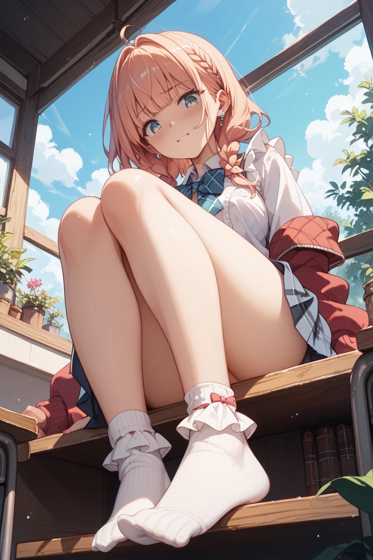 Masterpiece to the smallest detail、top-quality、1girl in、Solo looks 12 years old、150cm petite beautiful girl、small tits、12-year-old baby face、red hairs、Gradient bob in the forward、Pink and violet mesh、red eyes、Red eyes、Tall, big eyes、Outstanding looks、A lovely child、proximity、closed_mouth、a smile、red blush、full of shyness、blue headwear、Hats、pink bowtie、校服、 Blue jacket、jaket、skirt by the、Gray skirt shirt、white  shirt、an legs、Black socks、sitting on、‎Classroom、hair_ornament、looking_at_viewer、beatiful detailed eyes、Akame、panties on、lift up one's skirt、Professional effects、
