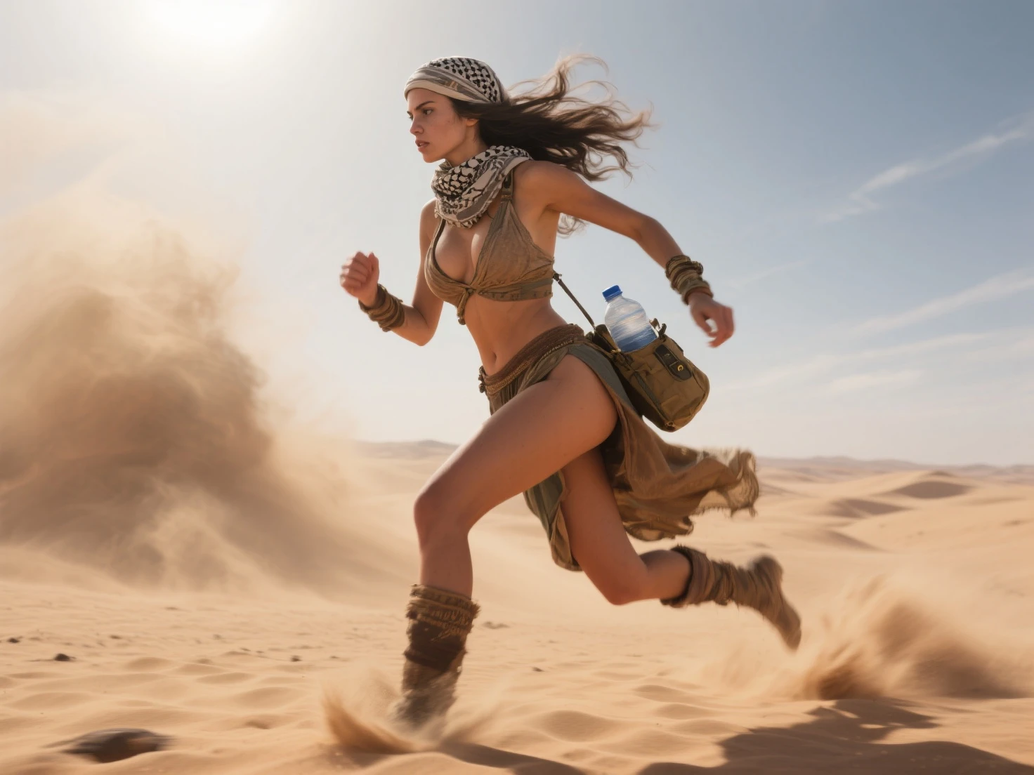 In a desert with a sandstorm, a very curvy sexy sweaty woman with black hair running away, speedlines