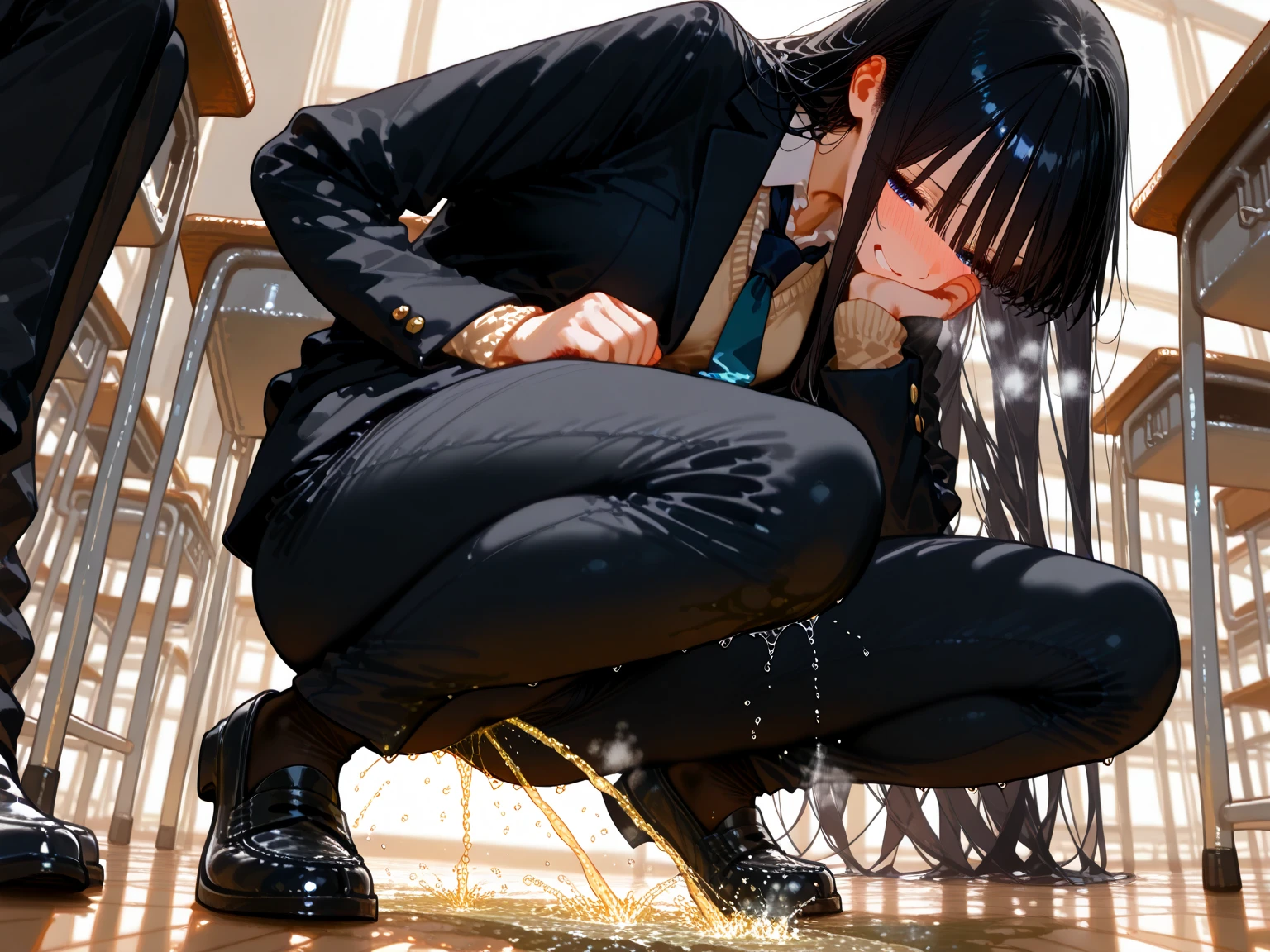 (masterpiece,best quality,very aesthetic),(ultra-detailed),nsfw,(atlach-nacha,degenerate),1girl,20yo,Statuesque,curvy,tall,long hair, black hair,straight hair,(blunt bangs),beautiful red eyes,clenching teeth,sentimental,rage,Abdominal injury,look down on with disdain,black serafuku in winter,long sleeves,(long skirt),white ribbon tie,torn clothes,(Green blood coming from side,Green blood coming from shoulder),painful,heavy breathing,holding own chest with right arm,classroom,standing,on one knee,leaning forward,dusk sky,leather shoes,The setting sun is shining in the classroom,debris,solo,looking down,cowboy shot