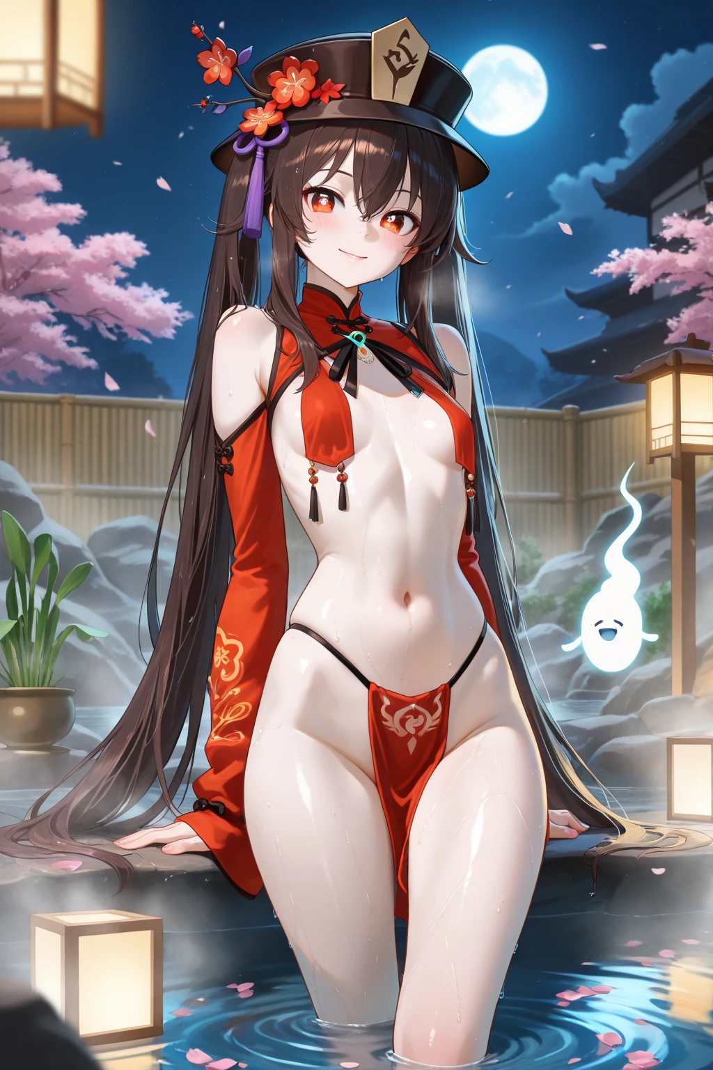 anime artwork, score_9, score_8_up, score_7_up, score_6_up, score_5_up, score_4_up,sparkle \(honkai: star rail\),1girl, twintails, black hair, medium breasts, red eyes, red eyeshadow, , , , , , she is 24 years old, , ,horny, style_3, floox style, . She has fluorescent pink eyes with tiny black dots under each of her eyes.. naked, onsen, naughty smile, in water, standing, leaning forward, ass, nude,naked