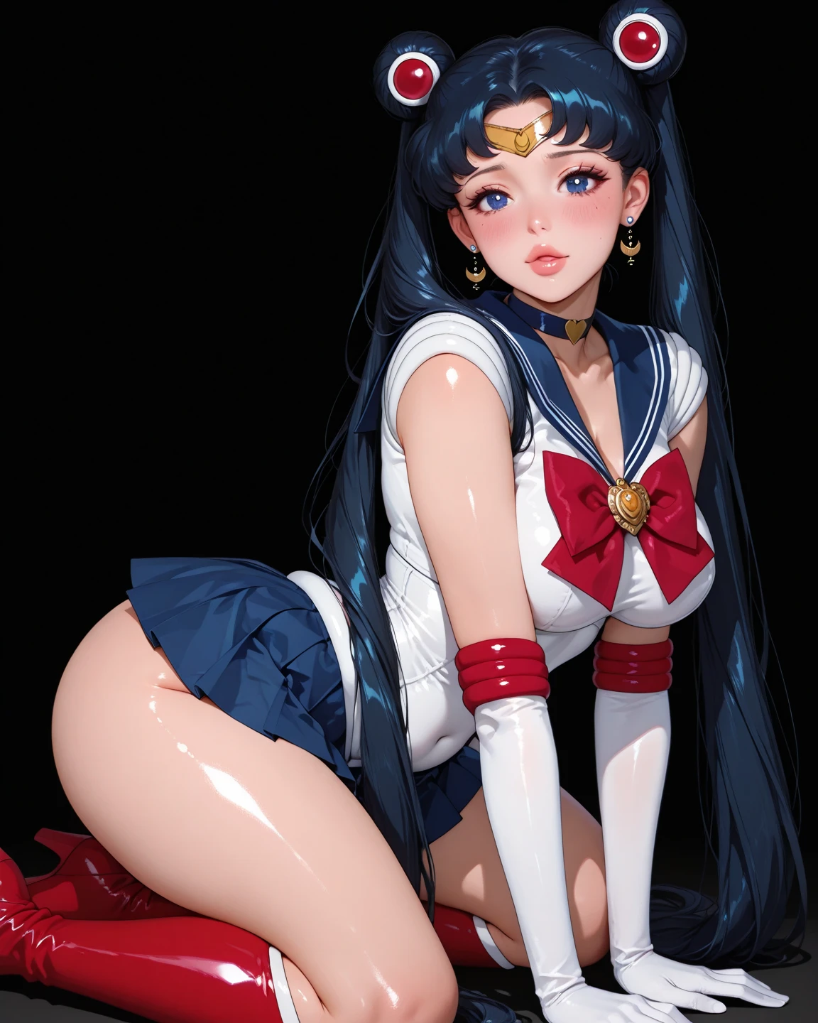 (((nsfw))),back shot, ass, masterpiece, highest quality, (1 girl), super sailor moon, cowboy shot, night, moon crown, evening, starry sky, beautiful sky, cloud, white gloves, blue eyes, colorful clothes, sailor sengoku uniform, colorful skirt, hair ornaments, red bow, brooch, brooch, heart brooch, earrings, Crescent Moon, heart necklace, heart, very long hair, Crescent Moon earrings, tiara, yellow necklace, boots, knee boots, red shoes, take a pose, Are standing,super tiny string bikini,exposed,small breasts,super tiny string bikini, from back