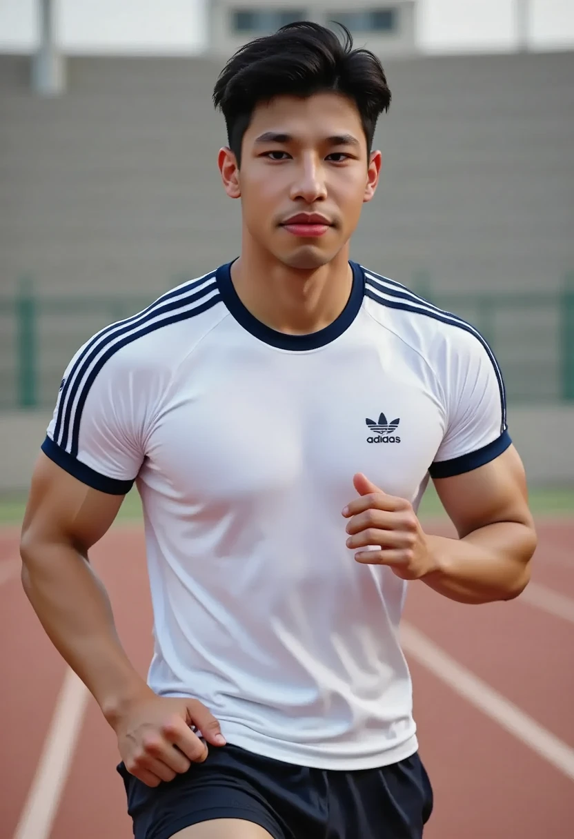 独奏 , 1 person , Portrait of a handsome Asian rugby player with short hair, a muscular beard, big muscles, wearing a white polo shirt, wet, outdoors, rice field, countryside, hut, Thailand, Laos, Burma, Asia.