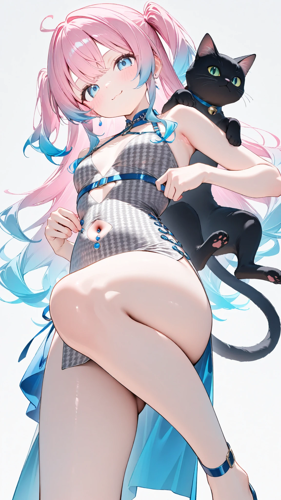 nsfw,1girl, frederica bernkastel, bangs, blue bow, blue hair, blunt bangs, bow, breast hold,  cat tail, crossed arms, long hair, purple eyeackground, solo, tail bow, tail ornament, tail raised, tail ribbon,naked