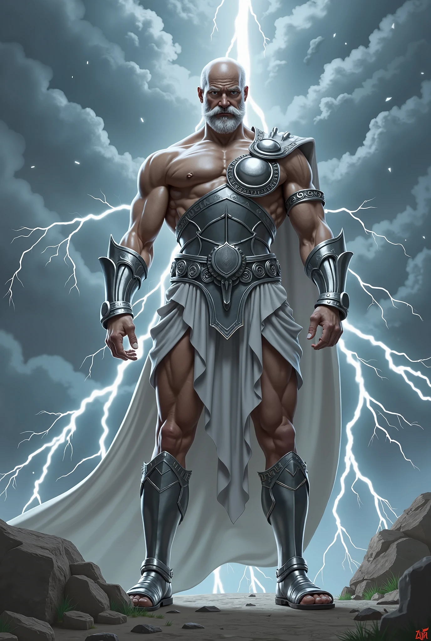 (extremely detailed CG unity 8k wallpaper, masterpiece, best quality, ultra-detailed), best lighting, best shadow (very strong, giant, muscular Zeus god wearing battle armor), fierce, wild expression, beautiful sky, lightning falling volumetric lighting.