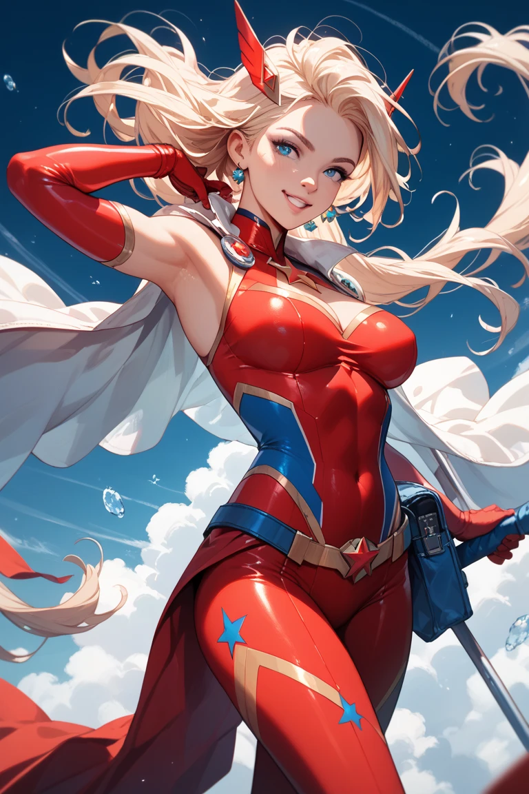 Russian Woman russia superhero suit russia clothing red blue and white clothes Flag of russia long white hair pale skin white hair 