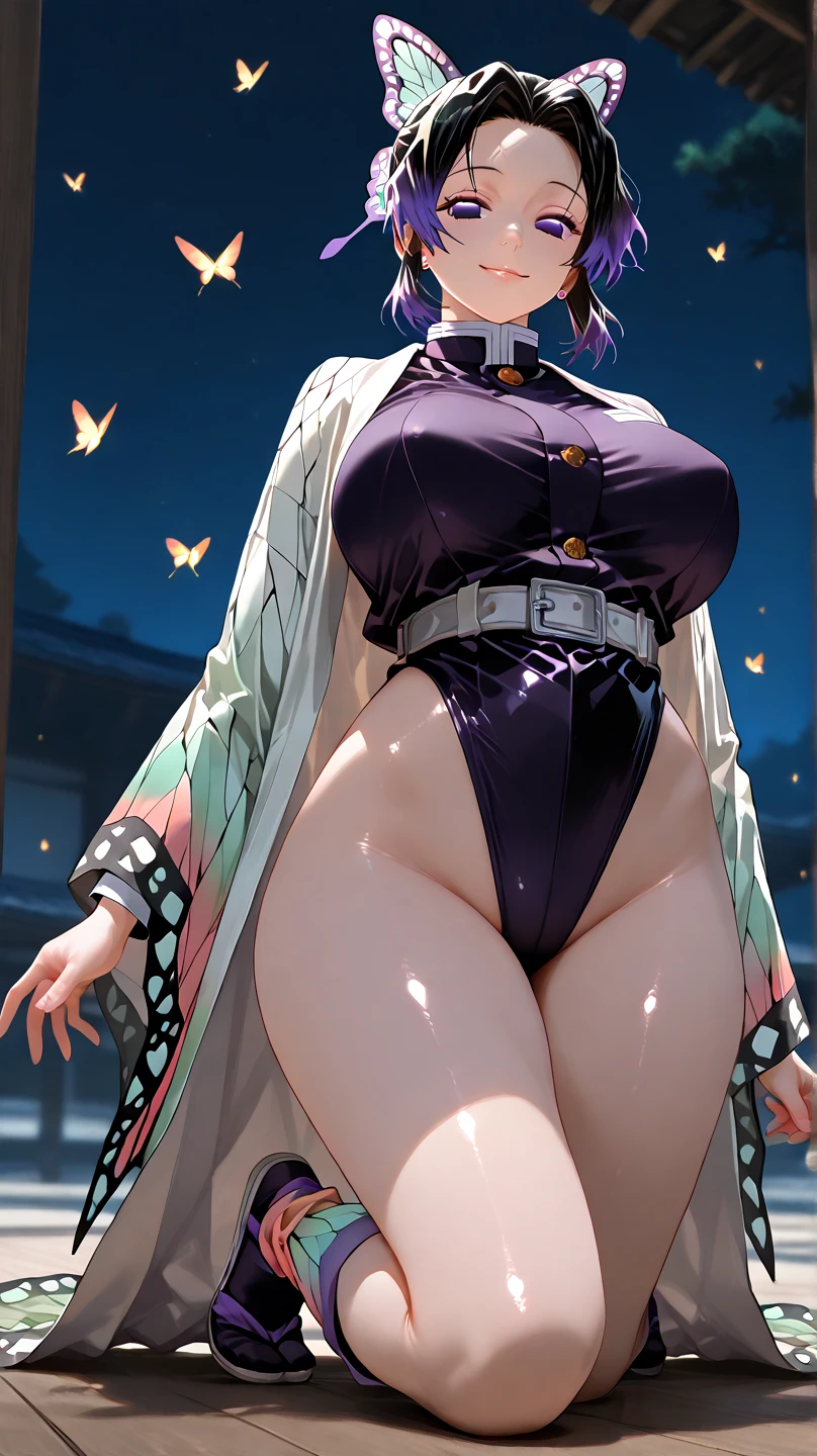 Iroha、super breasts、thick thighs、black hair、8K, 4K, highest quality, High resolution: 1.2)、cute anime face、noise removal、maid、和風maid、black leotard that bites、full body portrait、Bite leotard、blue eyes、Thigh length black long tights、gentle smile、white kimono、Serve meals、Japanese garden、Nipples exposed