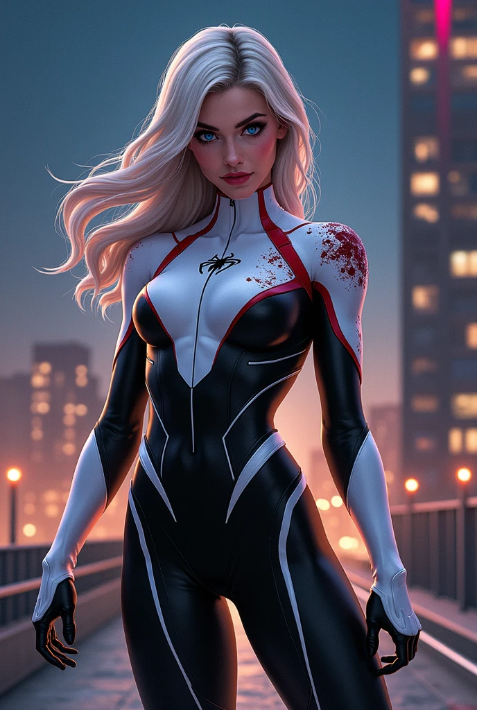 (Masterpiece, 4k resolution, ultra-realistic, very detailed), (White superhero theme, charismatic, there's a girl on top of town, wearing Spider-Man costume, she's a superhero), [ ((25 years), (long white hair:1.2), full body, (blue eyes:1.2), ((Spider-Man pose),show of strength, jumping from one building to another), ((sandy urban environment):0.8)| (cityscape, at night, dynamic lights), (full moon))] # Explanation: The Prompt mainly describes a 4K painting of ultra-high definition, very realistic, very detailed. It shows a superheroine at the top of the city, wearing a Spider-Man costume. The theme in the painting is a white superhero theme, the female protagonist has long white hair, is 25 years old and her entire body is shown in the painting. In terms of portraying the actions of superheroines, spiders are employed