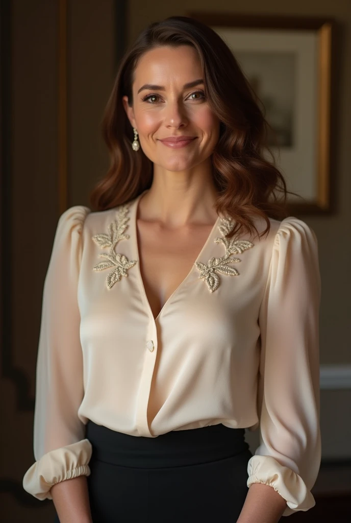 RAW photo of MelikaForoutan01, closeup,charismatic, Sophisticated and poised in a Pencil skirt and silk blouse in a chic art gallery, (high detailed skin:1.2), 8k uhd, dslr, soft lighting, high quality, film grain, Fujifilm XT3, <lora:MelikaForoutan01-000005:1>