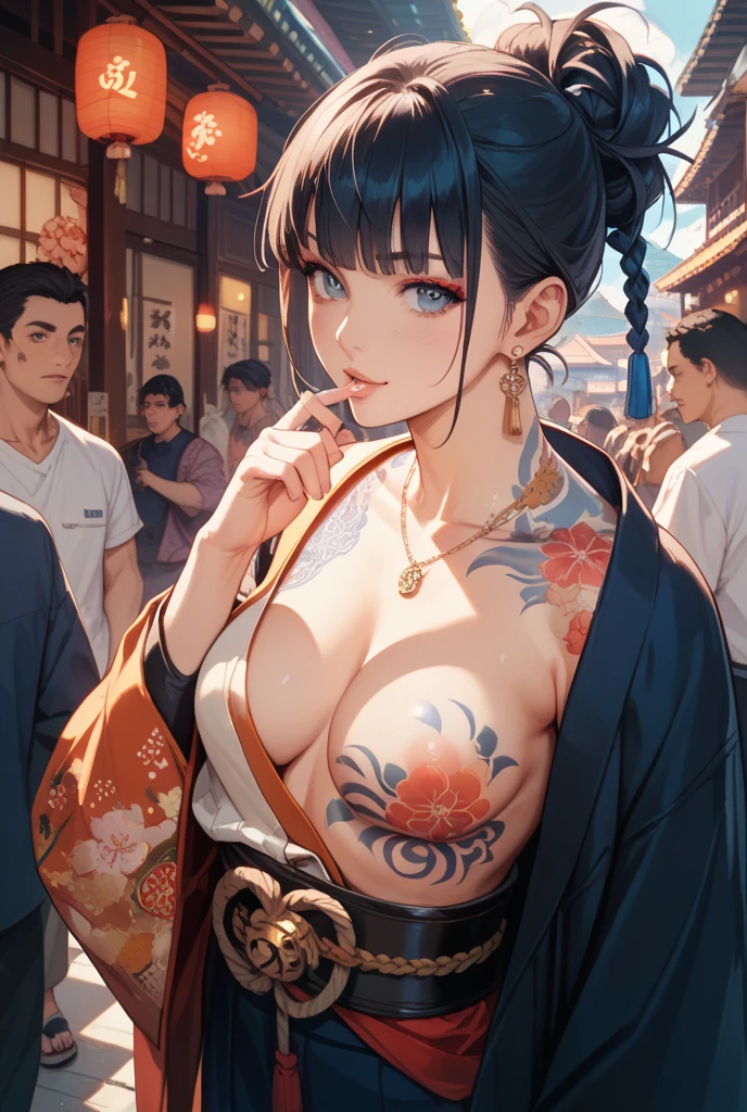 masterpiece,best quality,amazing quality,very aesthetic,absurdres,
<lora:CreateConcept_Illustrious_v2:0.9>, createconcept, 1girl, solo, breasts, looking at viewer, blue eyes, large breasts, black hair, holding, cleavage, jewelry, sitting, closed mouth, earrings, japanese clothes, necklace, hair bun, bracelet, lips, makeup, single hair bun, hand fan, seiza, folding fan, holding fan, character focus, poster, addmicrodetails