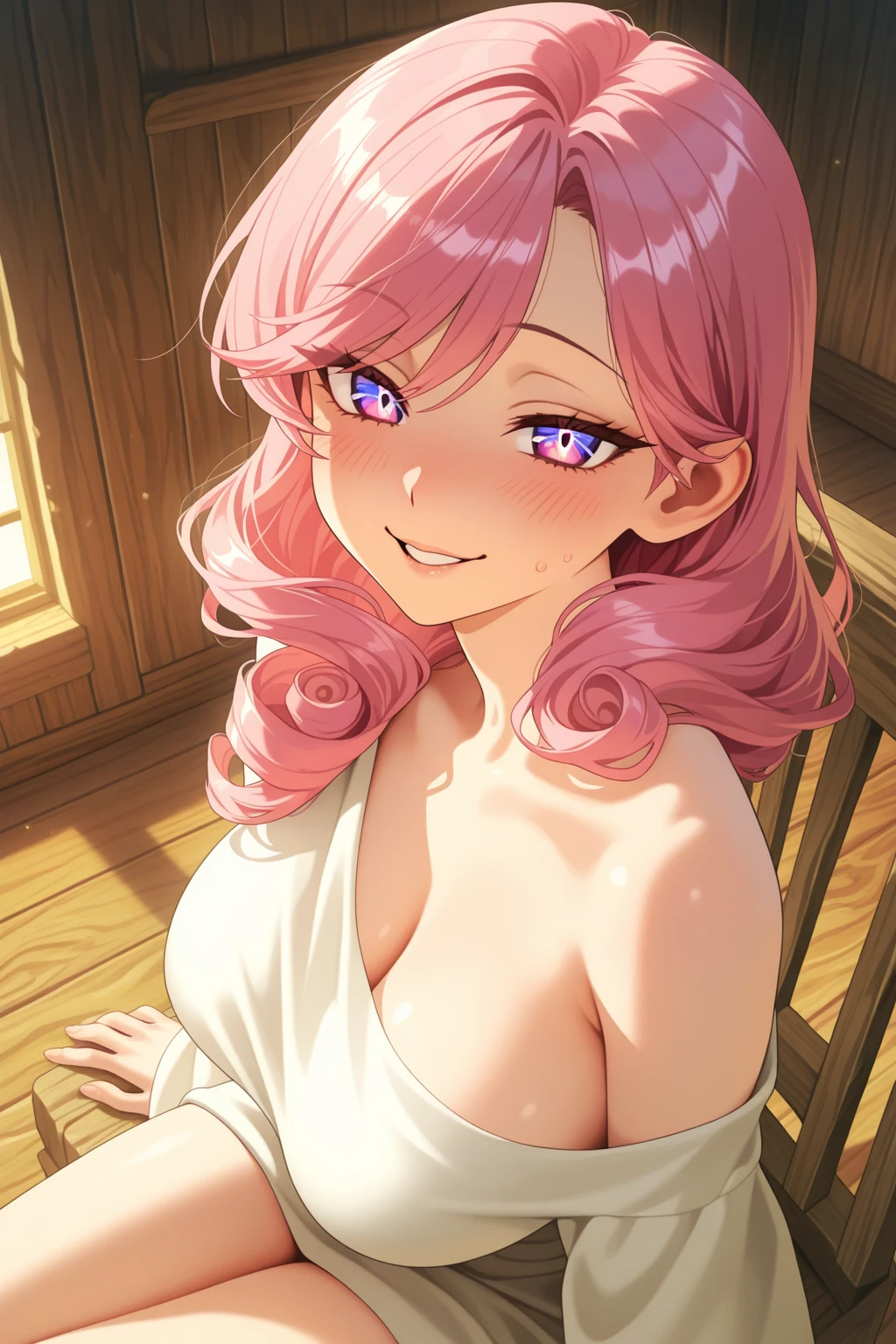 Hibana, 1girl, solo, portrait, smile, cleavage, laying down on bed, ((white strapless lace lingerie)), blush, perfect quality, good quality, masterpiece, HDR, UHD , big breasts, grab breasts, grabbing breasts, bouncing breasts,