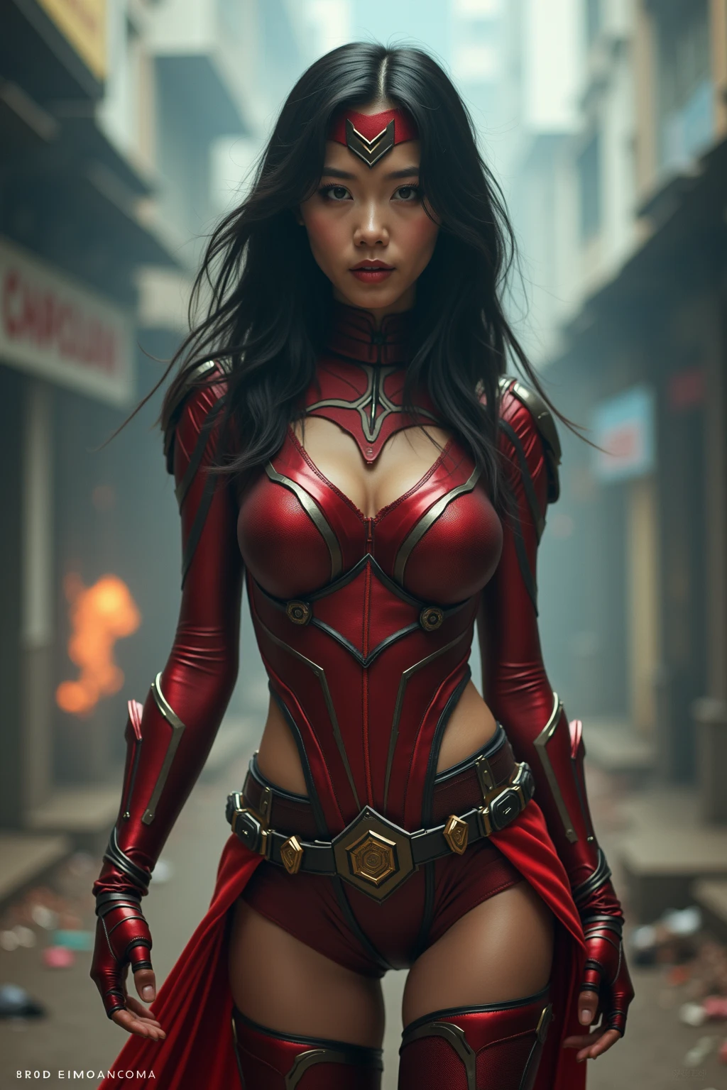 Pockemon 35mm lens, photography, ultra-detailed, HDR, UHD, 8K, portraits, dark atmosphere, menacing expression, big boobs, glowing red eyes, intricate armor, smoke effects, dynamic pose, ruined cityscape, dramatic lighting, intense shadows, vibrant colors,