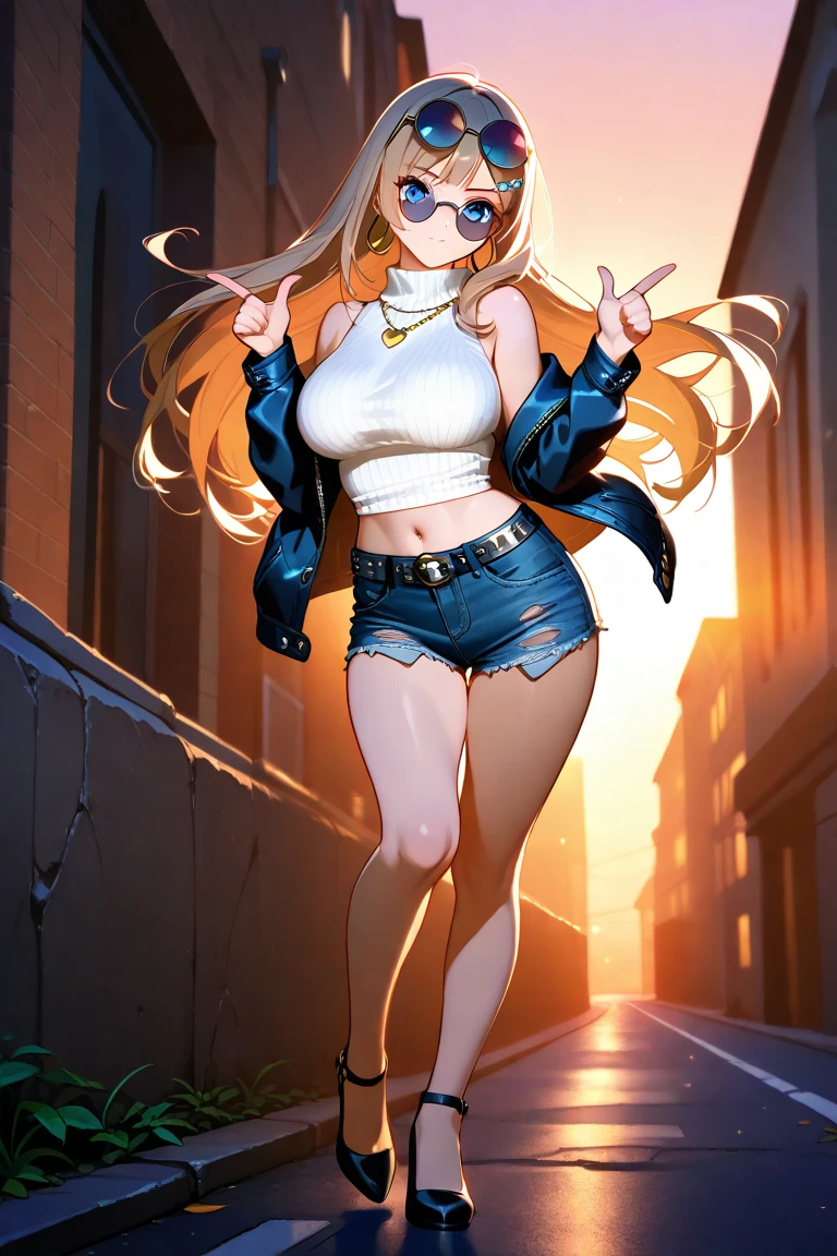 (((((visible pussy outline under shorts))))), 1girl, anime girl, anime, (dark skin), 2d girl, 16y, (fullbody), standing, anime girl, golden eyes, seductive grin, (golden hair), shirt, Solo, Slim, large breasts, big , big Breasts, Tight Shorts, low waist shorts, upshorts, The night beach background, city lights, looking at viewer, darker shadows, (((shorts))), (((absurdres))), (((thigh gap))), (((cameltoe))), (((cleft of venus))), (((lowleg shorts))),