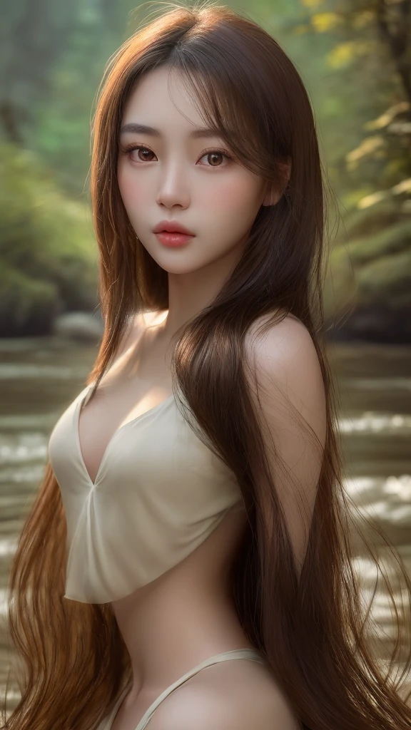 young girl,  32C breasts,  cinematic, The portrait showcases a young (topless:1.6) with a shy and innocent demeanor,  hazel eyes,  sensual slim face,   big lips,  topless, white panties,  Her hair is styled sleek and straight,  elegantly framing her face with  adorable long straight hair .Her face is illuminated by gentle lighting,  highlighting her delicate features. The girl's eyes sparkle with a hint of curiosity and her lips form a subtle,  shy smile. The background consists of a ourtoor nature autum scenery muted and warm-toned setting,  providing a calm and serene atmosphere. The composition focuses on the girl's face,  capturing the intricate details of her flawless skin,  The overall image exudes a sense of tranquility and captures the innocence and gentleness of youth