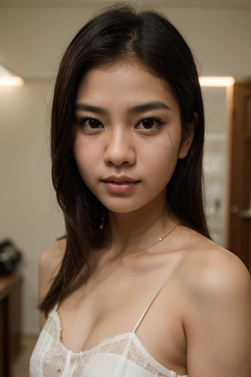Realistic portrait of a delicate Asian-American preteen, medium-length hair, beautiful facial features, alluring eyes, full lips, medium complexion, petite build, small breasts, laying on a bed, bedroom lighting, detailed and natural skin texture, realistic rendering, full-body portrait, high-quality digital camera, full-frame, 85mm, f/1.4, 45 megapixels, Canon EOS R5, realism style, natural lighting, detailed hair, professional photography