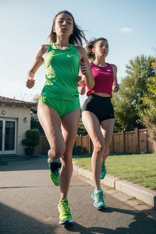 (8k, RAW photo, best quality, masterpiece:1.2), (Realistic, foto-Realistic:1.37), very detail, 1 beautiful woman, jogging, Alone, garden details, morning, Sports clothing, (smiling face:1.1), (glowing skin), athletic body, beautiful eye details, (hair down:1.2), hair moves with the wind, (running shoes:1.1), bright atmosphere