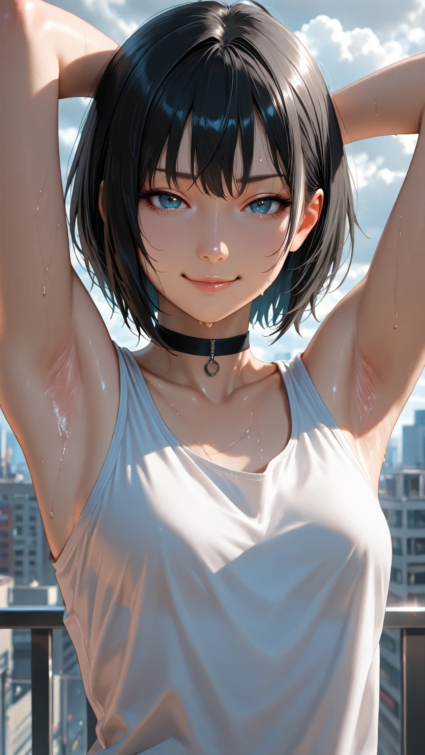 Highest quality、Realistic、、zoom、Primary school students、Girl、look up、cute、Light grey eyes、Black Hair、、short hair、White leotard、Gymnast、Sweating profusely、Shy laugh、Flat Chest、Bust Shot、thin、gym
