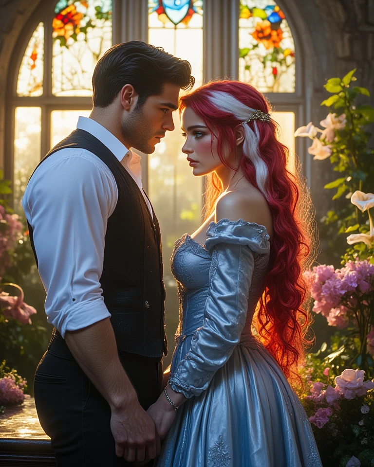 A girl with light pink hair, blue eyes, and white eyelashes, wearing a beautiful blue Victorian dress, holding her face. A huge man with black hair and red eyes, with a beautiful smile, puts his hand on her waist, dressed like a duke, like a prince and princess. at a parklake in the moonlight