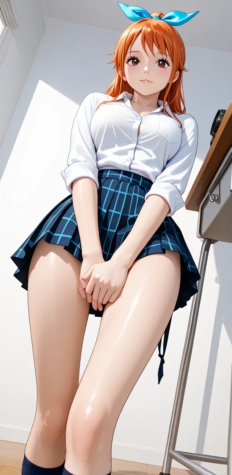 white collared shirt, blazer, bowtie, necktie, pleated skirt, micromini skirt, bobby socks, , white socks, loafers, school shoes,striped panties,(( pantyshot, panties shot)),,skirt up.cowboy shot.spread legs.((full body)).23yo .pee stain