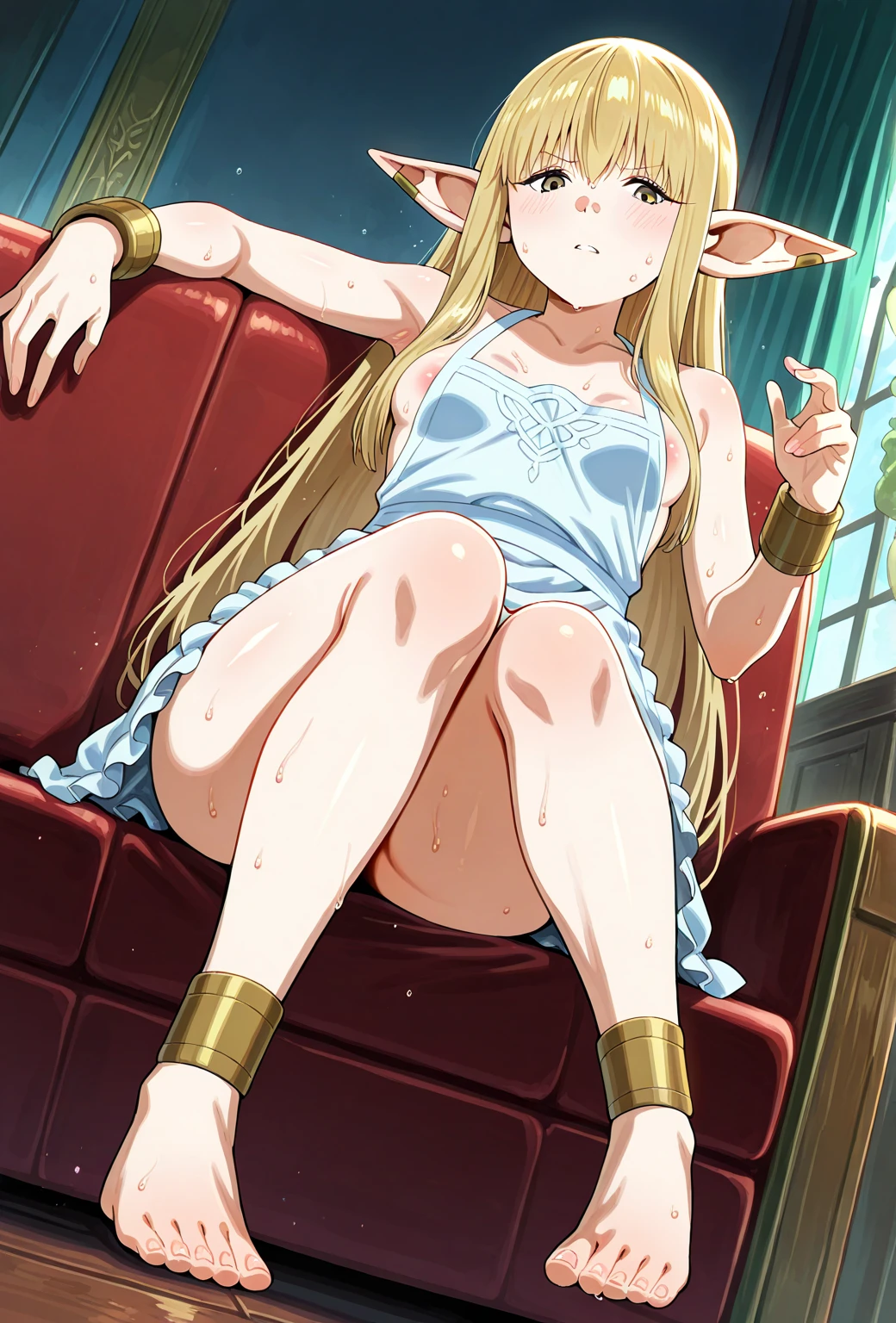 Anime. 1 Girl. Cutie. Amputee. Slave. Quadruple amputation. Blonde. Long hair. Wavy hair. Green eyes. Beautiful eyes. Perfect eyes. Expressive eyes. Ideal face. Beautiful nose. 16 years. Small breasts. Flat chest. Urinary incontinence. Wants to pee. I need to pee. A strong, desperate urge to pee. She peed herself. She peed in her panties. Urine leaks from the perineum onto the floor. Urine runs down my thighs. Ideal anatomical body. Body with amputated limbs. Armless. Legless. Dirty tunic. Torn tunic. Slave collar. Dirty panties. Torn panties. Sitting. Full height. Wheelchair. Fantasy city. Street. Slave market. Beautiful character design. Shiny skin. Whole body. NSFW. Official art. Extremely detailed CG Unity 8k wallpaper. Ideal lighting. Ultra high resolution 4K. Super detailed 8K resolution. A high resolution.