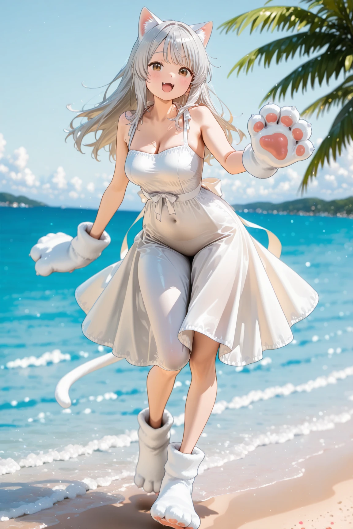 One Barbie, ((Full body)),8th class, Blue eyes, Smiling face, Hair loss swaying in the wind, Hip Hop Singer Pose, Dressed in hip-hop style,White Bikini,swarovski,pasties,With a pink bow on the arm, Fashion, Extremely high quality, high details, 8K, clean back ground, in studio, ((Full body shot)),Align your fingers neatly,Accurate Hand Modeling,wave her hand,West Coast Beach