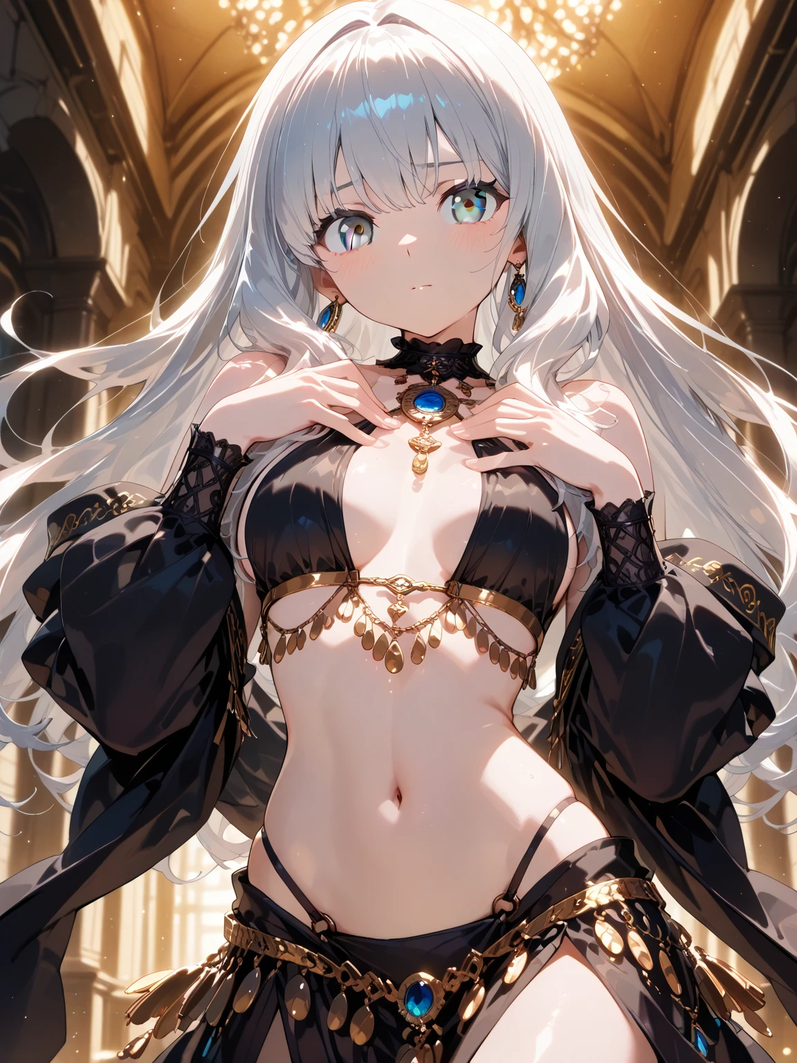 (Highest quality)),(Ultra-high resolution),(Ultra-detailed),(Detailed depiction),((Best Anime)),(A masterpiece),Sharpness,Claire,Ultra-precise art,modern art, (Devilish beauty),Glamorous Body,Small waist,belly button,((Fascinating Fashion)),choker,Chain Accessories,Earrings
