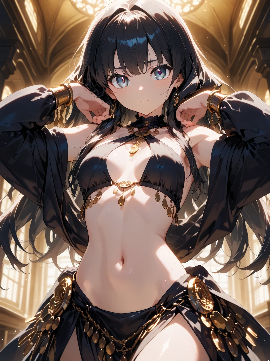 (High resolution 8k), masterpiece, intricate details, Infuse the character with the intricate, mechanical details inspired by Syd Mead's concept art, Generate a majestic anime waifu with an ethereal aura, adorned in intricate, glowing runes that cover every inch of her body. Picture a character exuding a perfect blend of grace and power, with each rune contributing to an otherworldly charm. Capture the essence of an enchanting and divine presence, ensuring every detail adds to the majestic allure of this captivating anime waifu, insanely daring cleavage, bair midriff, short dress