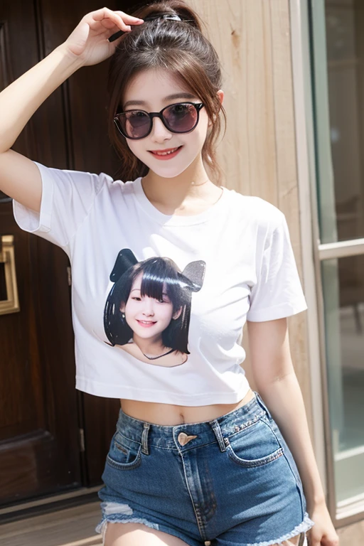 (mejor calidad, Obra maestra), 1 twenty year old woman, arms up hands behind the head, sonrisa, Laugh, Huge Oversized T-shirt, bermudas, corte de pelo pixie oscuro, pecas, rubor, mirando al espectador, cursi, ojos seductores...