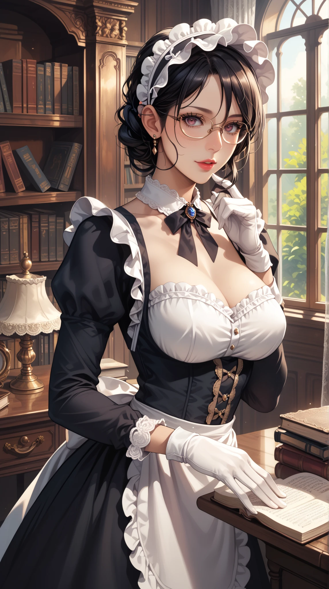 (1girl, yuri alpha:1.0), (anime overlord), (solo:1.4), (narberal_gamma), (64k, UHD, Raw photo, highes, Best Quality, mastepiece:2.0), (Ultra-fine depiction of details:3.0), (a serious, loyal, hard-working maid head, the vice-captain of the "Pleiades Six Stars", the battle maid squad of the Great Tomb of Nazarick), (a beautiful woman with an intelligent look), black hair, (elegant, vivid blue bowtie, ribbon:1.3), (green wristband), (She is equipped with highly elaborately designed, dark emerald green spiky gauntlets:1.5), (perfect face, perfect body, perfect figure, pink lips, slight blush), (cool, intellectual glasses), (gray, black eyes:1.3), (shiny sleek long hair, single hair bun, single braid bun:1.6), (high-quality, simple, maid dress:1.5), (vivid cerulean blue gothic style choker:1.3), (gigantic breasts:1.2), (sexy cleavage:1.1), inhouse, studying the orders issued by the master of [the Great Tomb of Nazarick, Ainz Ooal Gown], the room is filled with solemn atmosphere, ((long shot, full body shot)), (perfect lighting, effective front light and spot light:1.3,)