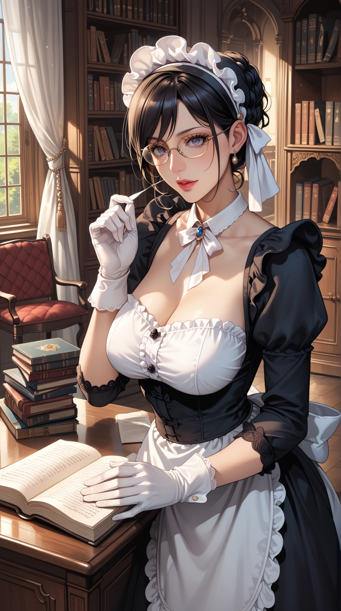 (64k, RAW photo, highres, best quality, masterpiece:2.0), (ultra-fine depiction of the detail:2.0), (realistic, beautiful, photo-realistic:1.3), 1girl, (yuri alpha), (long black hair, slightly messy), (single braid bun), (shiny black hair, blue-gray eyes),(cool glasses), (gothic style vivid blue choker), (blue bowtie and ribbon) (simple but high-quality maid dress), (elaborately designed, vivid dark emerald green, spiked gantlets), (solemn maid dress with gothic style coreset), (huge breasts, sexy cleavage), (elegant and handsome woman), (shiny skin, pink lips), (looking at the viewer), (closed mouth, a faint smile), (in a study room, filled with solemn atmosphere), (highly sophisticated professional HDR, with effective ambient occlusion, perfectly optimized effective spot light and front light:1.8), (perfect, natural, harmonious composition), (photo-realistic, ultra-detailed:1.5), ((portrait, full body, cowboy shot shot:1.6))