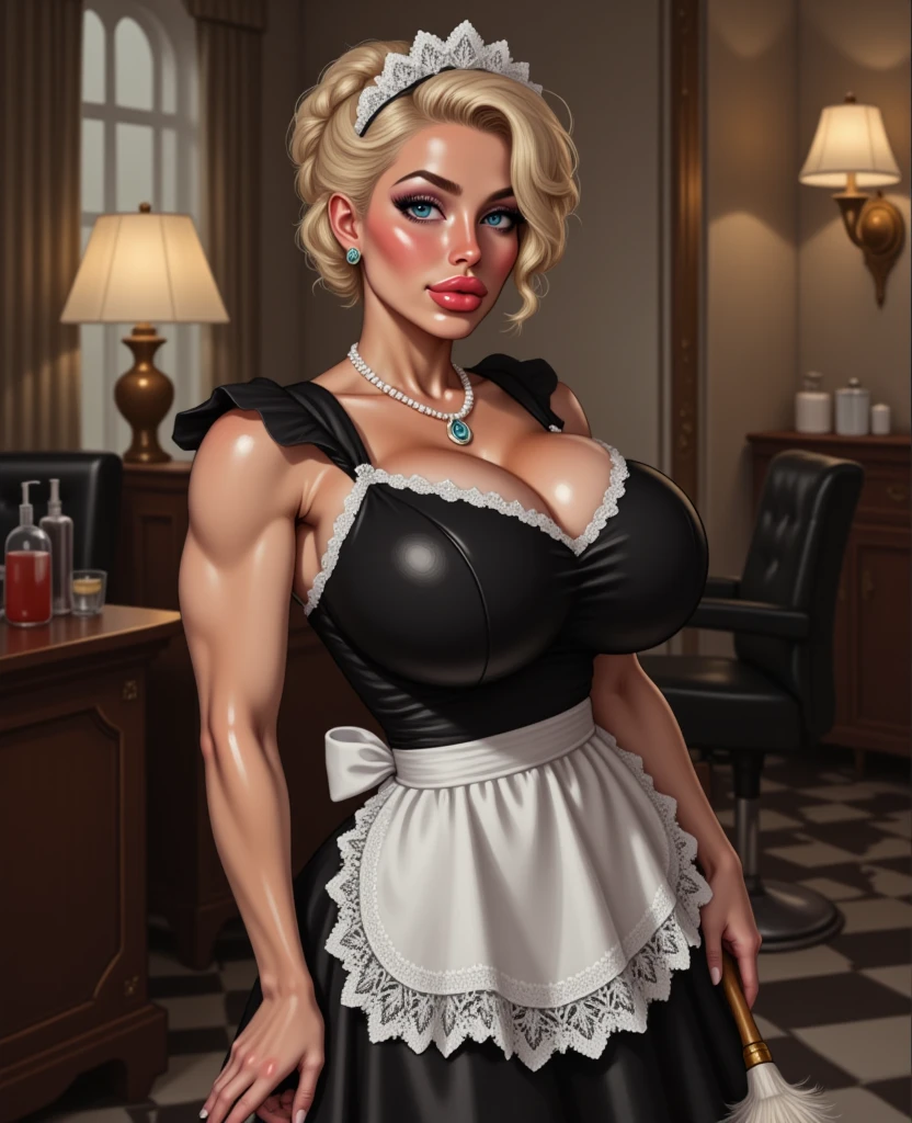 Masterpiece, ((8 0 s art style:1.4)), ((330 lb)), the beauty of a goddess, enhancer image, ultra-detailed face, ((front view)), provocative pose, blonde, ((braid)), caucasian, ((sex seductive look)), ((waitress blue outfit)), (waitress hat), ((white apron)). ((sit)), ((legs spread)), ((glossy skin)), ((oiled skin)), ((smiling)), ((MASSIVE MUSCLES)), ((RIPPED)), stunning, smooth, ((eyeliner)), (curvy:1.5), simetric, ((wide hips)), ((hourglass waist)), (epic penis), perfect proportions, red lips, ultra realistic, thick, cinematic light, ((diner background)), ((perfect eyes)), blue eyes, futanari, ((crowd:1.3)), ((massive lips))