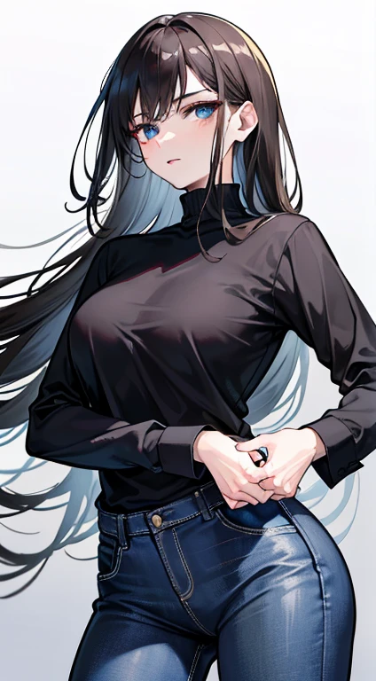 masterpiece,1 woman,black long hair,black eye, White skin,sweater,jeans