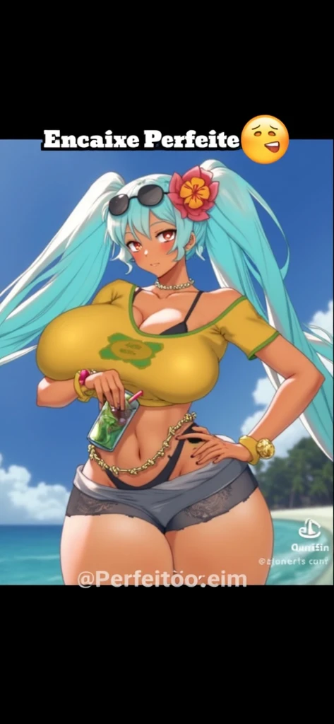 score_9, score_8_up, score_7_up, Dutch Angle, high detail, perfect face, very close-up, 1girl, hatsune miku, standing, outdoors, beach, looking at viewer, beach, palm tree, beach chair, beer can, light beams coming in, (thick thighs:1.5), big breasts, half-closed eyes, relaxed expression, smile, curly hair, messy hair, fluffy hair, happy, pubic hair, tan lines, head tilted, turquoise hair, (bright red flower in hair), ,cleavage, , , ,yellow shirt, brazilian flag, bra straps, , , sunglasses, wide hips, bottom heavy, , , , futanari, testicles, gigantic penis, hyper penis, penis, , blushing, steaming, oily skin, sweating, dark skinned female, Brazilian Girl, flip flops, areola slip, navel, twin tails, dark skin, a bit chubby, (Brazil bikini), exposed shoulder, blurred background, facing viewer, micro bikini, tiny bikini, (penis bulge),areola slip, big areola, small bikini top, yellow beer can, erect nipples, hanging breasts, drunk, armpits, puffy nipples