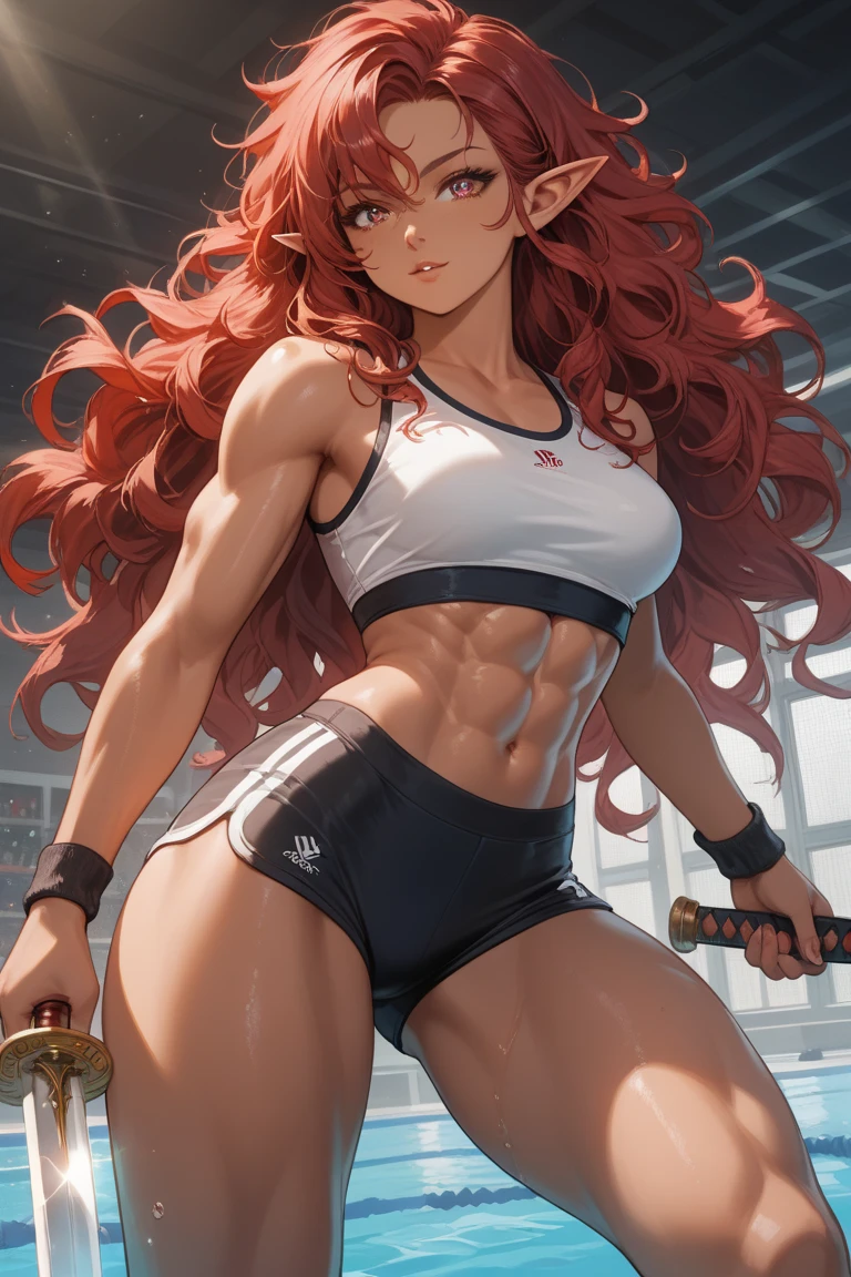 masterpiece, best quality, highres, 1 young woman, makima,red hair,long hair, shining golden eyes, perfect muscular body,firm muscle,abs:1.2,standing tall, furious expression, medium breast,(crop top, plain clothes:1.3),(shorts Jogger pants),(natural lighting),colorful,hd,(musculature:1.3), focus character,(sience fiction),(wet clothes),sweety,(muscular body visible),