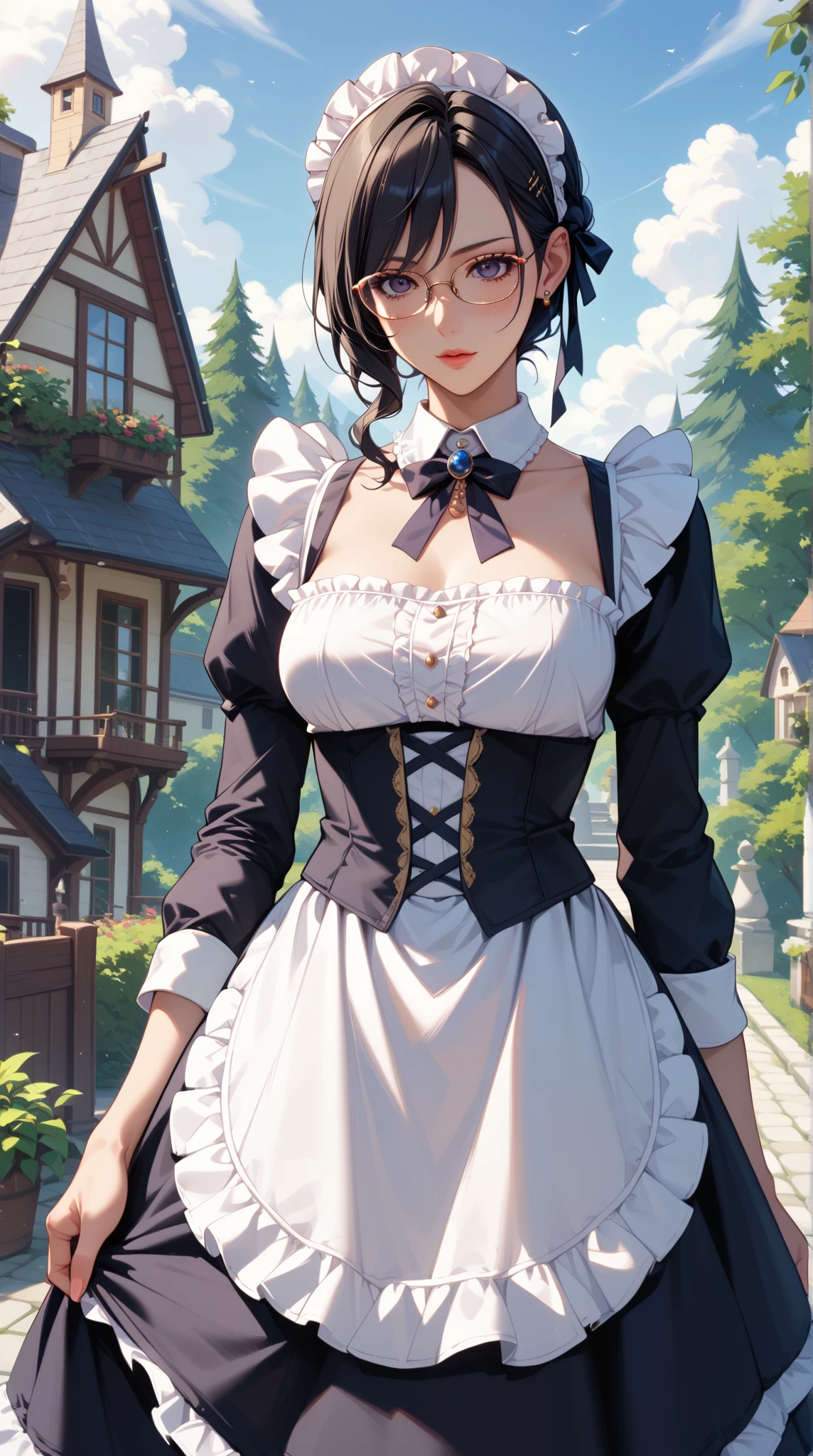 (((beautiful))), (((Dirndl))), ((Black Hair, ponytail)), One Woman, Huge breasts, Cleavage,, Sweat, Glowing Skin, (((Intricate details))), High resolution, ((Intricate details, Ultra-detailed)), whole body, Are standing, looking at the camera, Red cheeks, smile, smile, indoor, Tavern