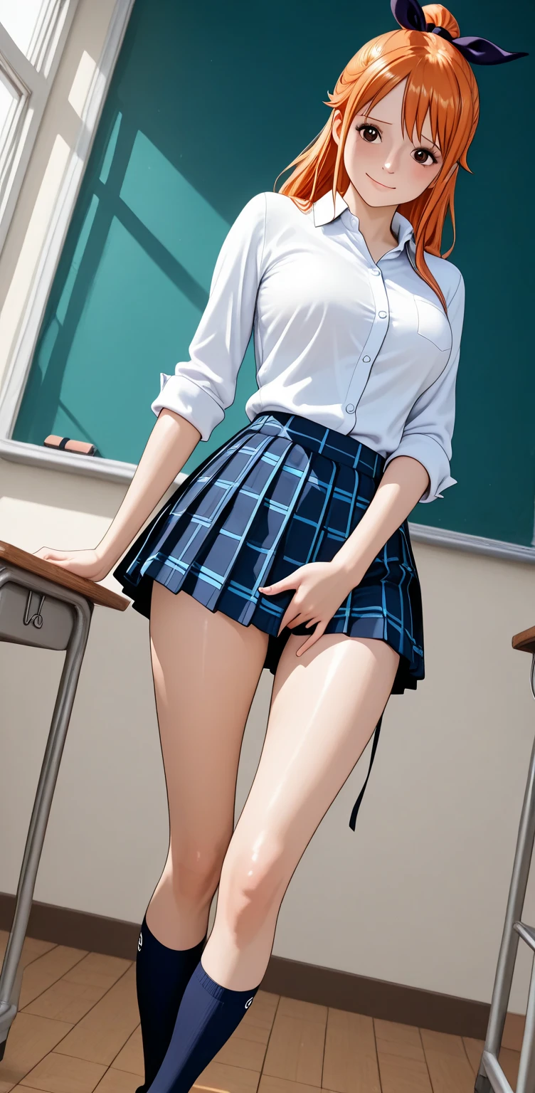 full body, barefoot, masterpiece, a beautiful schoolgirl, long blonde hair, (fantasy library background), erotic photoshoot, bent over a desk, from behind, girlscout uniform, shackles on legs, cow bell on choker, happy face, looking to the viewer, big open eyes, blush
