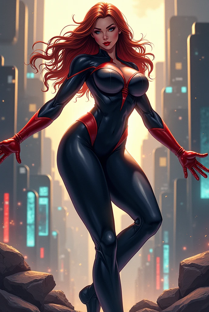(young Kirsten Dunst), (Mary Jane Watson), (Masterpiece, 4k resolution, ultra-realistic, very detailed), (black superhero theme, charismatic, on top of town, wearing Spider-Man costume, she's a superhero), [ ((25 years), (long red hair:1.2), full body, (green eyes:1.2), ((Spider-Man pose), show of strength, jumping from one building to another), ((sandy urban environment):0.8), (cityscape, at night, dynamic lights), (full moon))] # Explanation: The Prompt mainly describes a 4K painting of ultra-high definition, very realistic, very detailed. It shows a superheroine at the top of the city, wearing a black Spider-Man costume. The theme in the painting is a black superhero theme, the female protagonist has long red hair, is 25 years old and her entire body is shown in the painting. In terms of portraying the actions of superheroines, spiders are employed