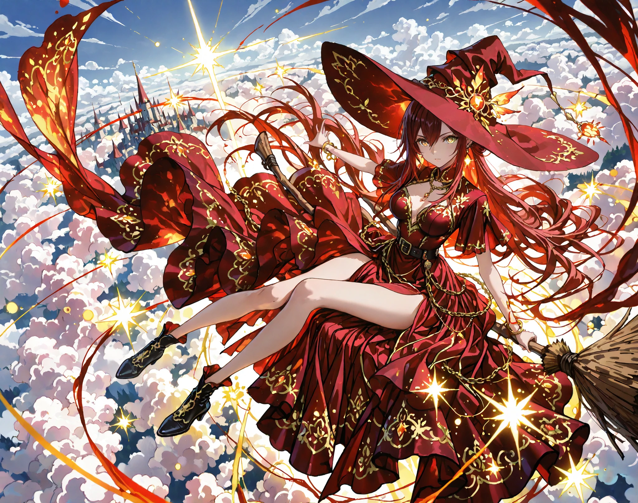 fantasy_dress_lora, ornate_outfit_style, elegant fantasy dress, enchanted outfit, asymmetrical fashion, layered fabric, shimmering fabric, magical embroidery, silk dress, flowing dress, fantasy jewelry, ornate accessories, intricate ornaments, rich colors,bioluminescent elements, magical light, glow bioluminescent elements, glow magical light, mystical atmosphere, captivating atmosphere, ethereal elements, exude charm and wonder,1 girl, Ryu Shana, golden eyes, ((burgundy hair)), (red hair:0.9), very long hair, hair between eyes, long sidelocks, , witch, red witch costume, huge witch hat, flying on broom, chain necklace, earings,  broom riding, solo,   sky, cloud, day, outdoors, dress, looking at viewer,   black footwear, belt, short sleeves, sidesaddle,   under her a  fantasy castle, isekai, fantasy world, kingdom,  colorful glass, transparent illustration, from above, wide shot, open arms for viewer, masterpiece, ultra detailed, very wide shot, ultra wide shot,perspective, cinematic lighting, cinematic shadows, scenery, 