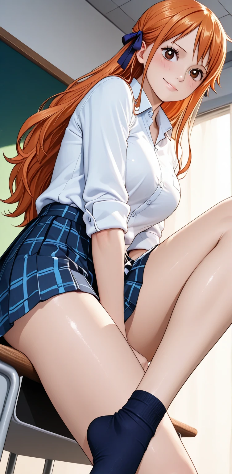 1girl, anime girl, anime, (dark skin), stylish girl, 2d girl, 18y, (fullbody), in bed, anime girl, seductive smile, (orange hair), ((white blouse)), (((white panties))), (((see-trough panties))), Solo, Slim, Big Breasts, sitting on the bed, night background through the window, looking at viewer, (((spread legs))), (((Wedgie))), (((absurdres))), (((cameltoe))), 